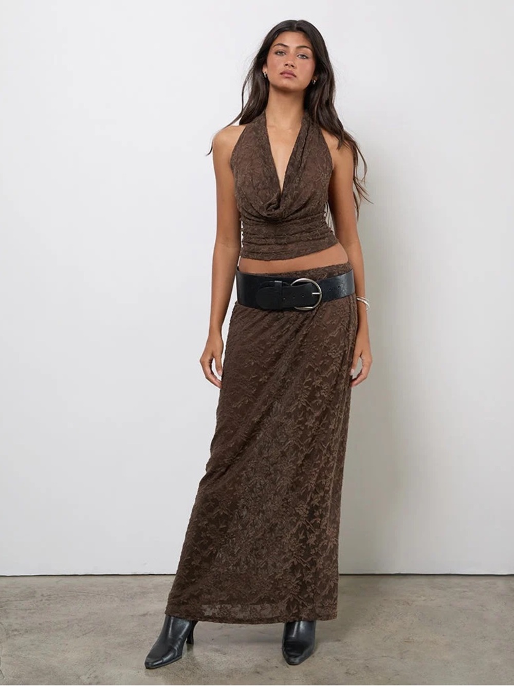 See You Monday Brown Textured Halter Maxi Skirt & Halter Top Set